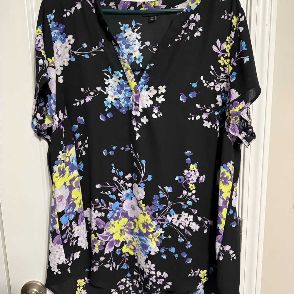 Torrid Black Blouse with Blue and Yellow Floral Pattern